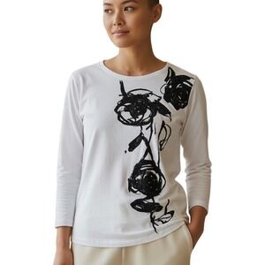 Chicos Women's Sz 1 Sm 8 White Long Sleeve Top Floral Applique Embellished